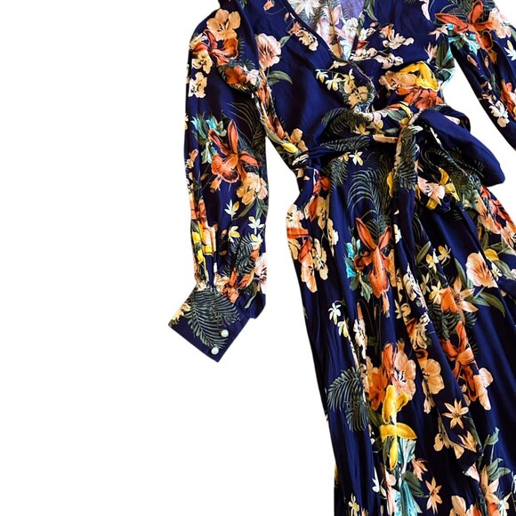 Meghan LA Lilypad Iris Navy Bell Sleeve Open Slit Maxi Dress Size Small Women's - Picture 5 of 16